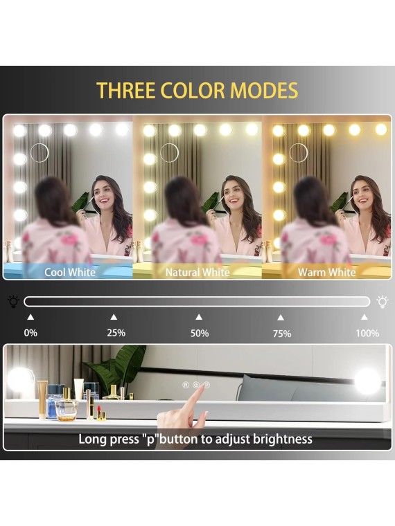 Vanity Mirror with Lights, 22.8WX18.2L Tabletop Hollyhood Makeup Mirror with USB & Type-C Charing, Hollywood Lighted Mirror with 15 Dimmable LED Bulbs,Touch Control,Metal Frame,Silver