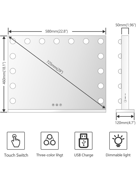 Vanity Mirror with Lights, 22.8WX18.2L Tabletop Hollyhood Makeup Mirror with USB & Type-C Charing, Hollywood Lighted Mirror with 15 Dimmable LED Bulbs,Touch Control,Metal Frame,Silver