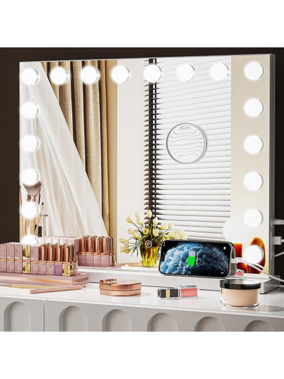 Vanity Mirror with Lights,18 LED Bulbs,31"x 23" Large Hollywood Lighted Vanity Mirror with Lights,3 Colors Modes,Touch Control,USB & Type-C Charging Port,10X Mirror,Tabletop or Wall-Mount