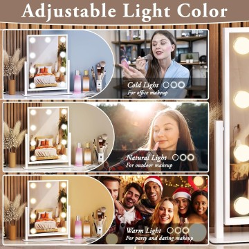 Vanity Mirror with Lights, Lighted Makeup Mirror Hollywood makeup Mirror with 9 Dimmable Bulbs and 3 Color Lighting Modes, Smart Touch Control, 360°Rotation