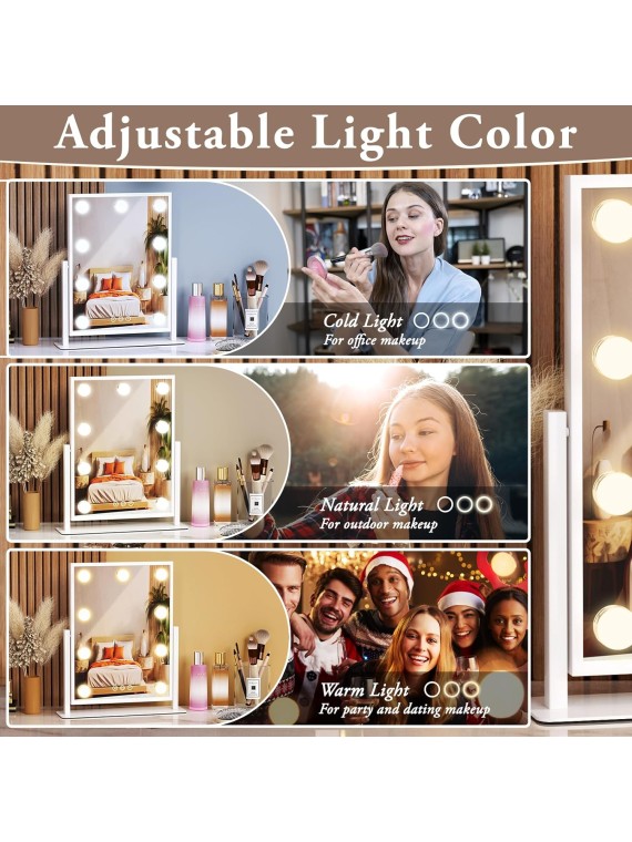 Vanity Mirror with Lights, Lighted Makeup Mirror Hollywood makeup Mirror with 9 Dimmable Bulbs and 3 Color Lighting Modes, Smart Touch Control, 360°Rotation