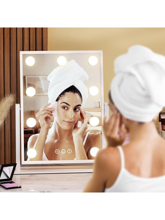 Vanity Mirror with Lights, Lighted Makeup Mirror Hollywood makeup Mirror with 9 Dimmable Bulbs and 3 Color Lighting Modes, Smart Touch Control, 360°Rotation