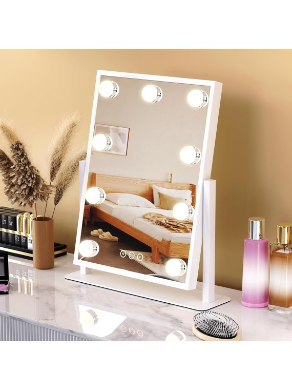 Vanity Mirror with Lights, Lighted Makeup Mirror Hollywood makeup Mirror with 9 Dimmable Bulbs and 3 Color Lighting Modes, Smart Touch Control, 360°Rotation