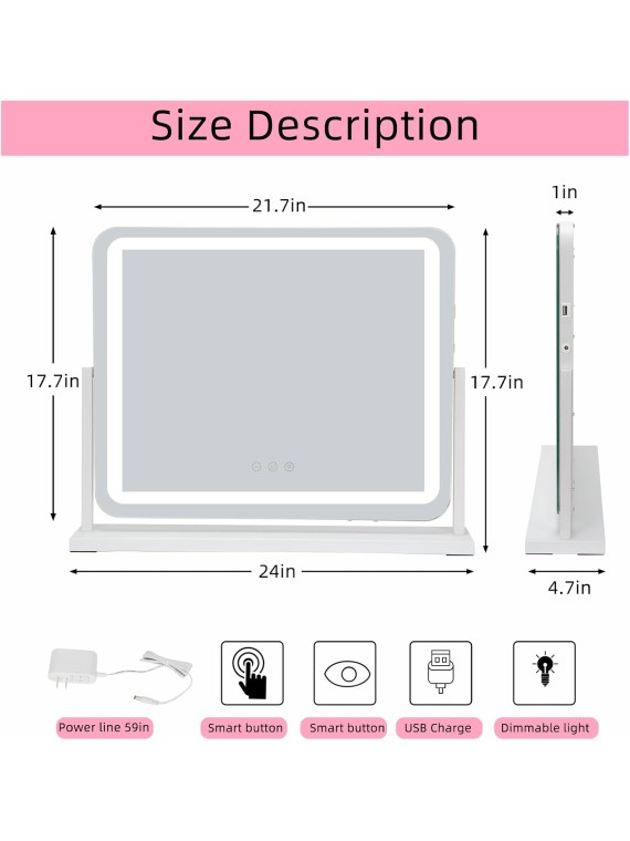 Vanity Mirror with Lights, 22" x 18" Small Lighted Vanity Mirror with Smart Touch 3 Colors Dimmable and 10X Magnification, Metal Frame, 360° Rotation, Phone Holder, USB Charging Port, White