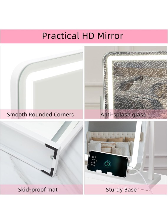 Vanity Mirror with Lights, 22" x 18" Small Lighted Vanity Mirror with Smart Touch 3 Colors Dimmable and 10X Magnification, Metal Frame, 360° Rotation, Phone Holder, USB Charging Port, White