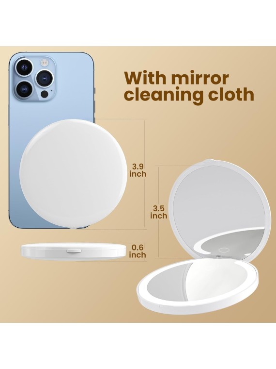 Makeup Mirror with 3 Colors Led Lighted, Compact Mirror with Touch Dimming, 1X/3X Magnifying Mirror, USB Rechargeable, Portable for Pocket, Folding, Travel, Handheld, Gift (White)