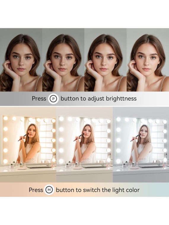 23.6" x 21.3" Large Vanity Mirror with Lights with 15 Dimmable LED Bulbs, 3 Light Colors, Smart Touch Control, Wall Mounted, USB Charging Port