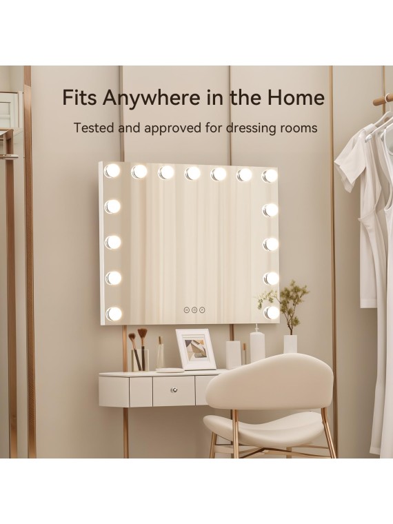 23.6" x 21.3" Large Vanity Mirror with Lights with 15 Dimmable LED Bulbs, 3 Light Colors, Smart Touch Control, Wall Mounted, USB Charging Port