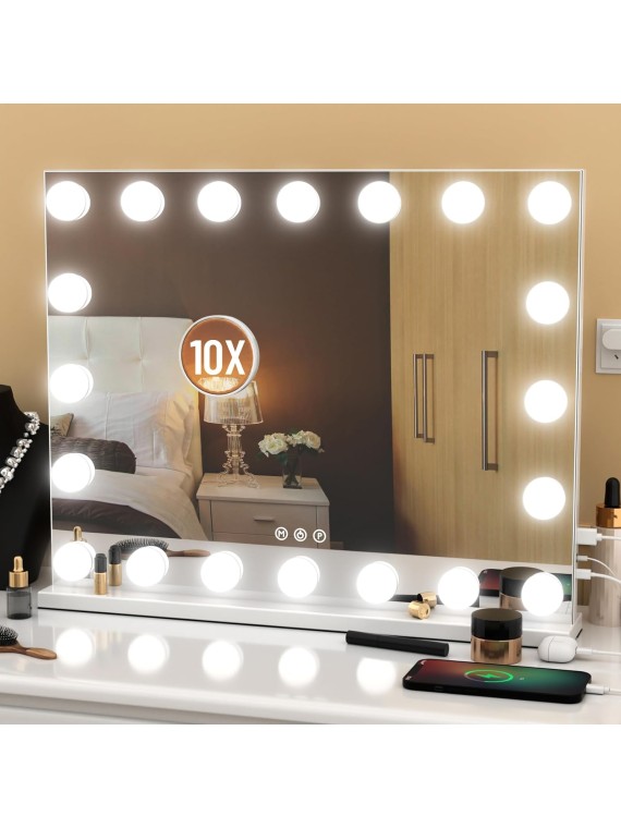 Vanity Mirror with Lights, 22.8"x 18.2" Large Hollywood Vanity Mirror with 10X Magnification & 20 Dimmable 3 Colors Modes LED Bulbs, Type-C Charging Port, Metal Frame, White.