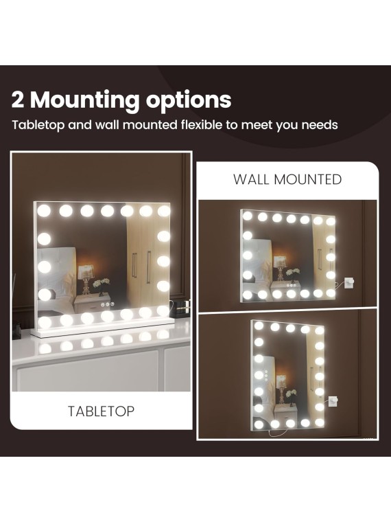 Vanity Mirror with Lights, 22.8"x 18.2" Large Hollywood Vanity Mirror with 10X Magnification & 20 Dimmable 3 Colors Modes LED Bulbs, Type-C Charging Port, Metal Frame, White.