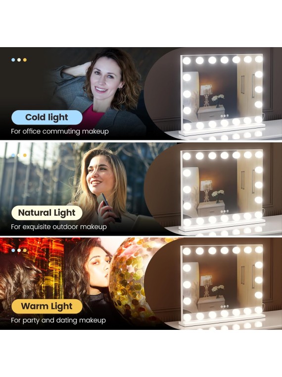 Vanity Mirror with Lights, 22.8"x 18.2" Large Hollywood Vanity Mirror with 10X Magnification & 20 Dimmable 3 Colors Modes LED Bulbs, Type-C Charging Port, Metal Frame, White.