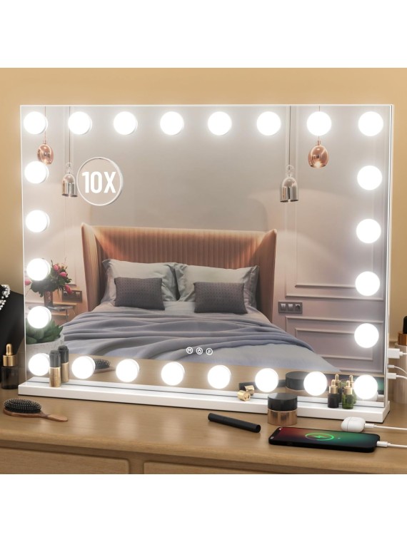 Vanity Mirror with Lights, 32"x 24" Large Hollywood Vanity Mirror with Detachable 10X Magnification & 24 Dimmable 3 Colors Modes LED Bulbs, Tabletop or Wall Mounted,White