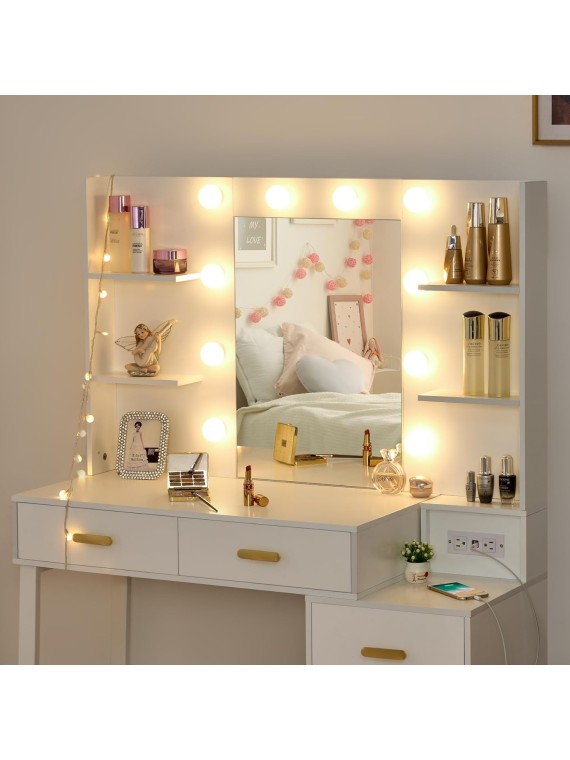 Makeup Vanity Desk Vanity Set with 10 LED Bulbs Lighted Mirror Makeup Vanity Table Set with Charging Station Nightstand 3 Colors Modes Dimming Cushioned Stool Large Mirror White UBDT53W