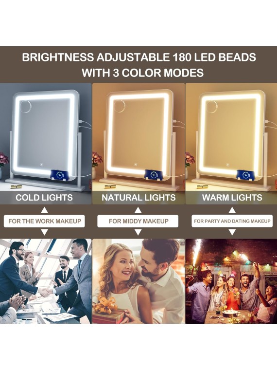 Makeup Vanity Mirror with Lights 15.2" Large LED Lighted Mirror, Hollywood Make Up Mirror with Lighting for Bedroom Tabletop, Smart Touch, Detachable 10X Magnification 360° Rotation, (White)