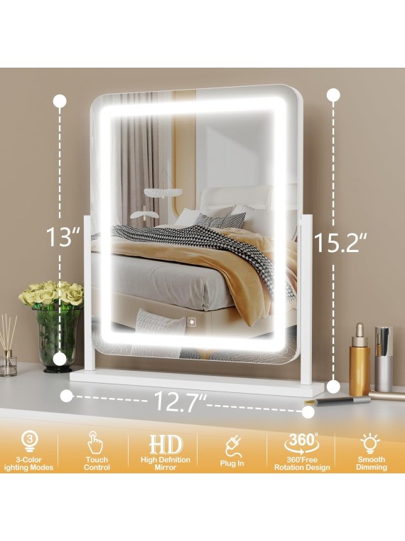 Makeup Vanity Mirror with Lights 15.2" Large LED Lighted Mirror, Hollywood Make Up Mirror with Lighting for Bedroom Tabletop, Smart Touch, Detachable 10X Magnification 360° Rotation, (White)