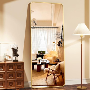 66"x23" Floor Full Length Mirror Standing Full Body Rounded Corner Rectangle Mirrors with Stand Hanging Wall Mounted Leaning Bedroom Living Room Bedroom Cloakroom,Gold
