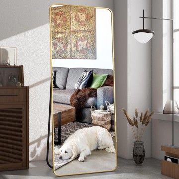 66"x23" Floor Full Length Mirror Standing Full Body Rounded Corner Rectangle Mirrors with Stand Hanging Wall Mounted Leaning Bedroom Living Room Bedroom Cloakroom,Gold