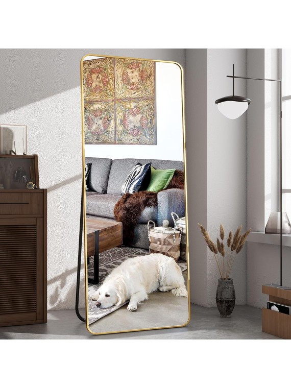 66"x23" Floor Full Length Mirror Standing Full Body Rounded Corner Rectangle Mirrors with Stand Hanging Wall Mounted Leaning Bedroom Living Room Bedroom Cloakroom,Gold