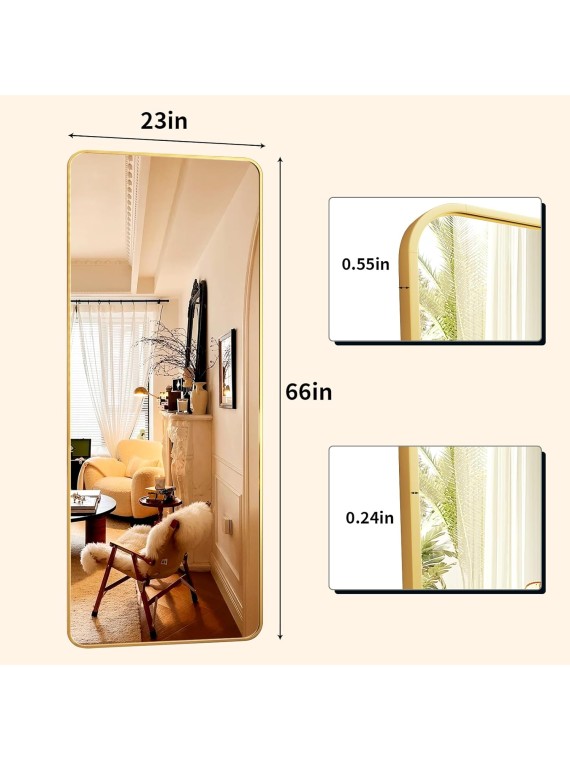 66"x23" Floor Full Length Mirror Standing Full Body Rounded Corner Rectangle Mirrors with Stand Hanging Wall Mounted Leaning Bedroom Living Room Bedroom Cloakroom,Gold