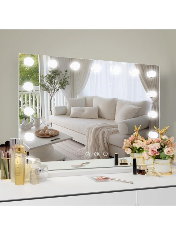 Vanity Mirror with Lights 22" x 18" Large Makeup Mirror Hollywood Mirror with 15 Dimmable LED Bulbs 3 Color Modes 10X Magnification & USB Charging Port Mirror for Wall-Mounted or Tabletop