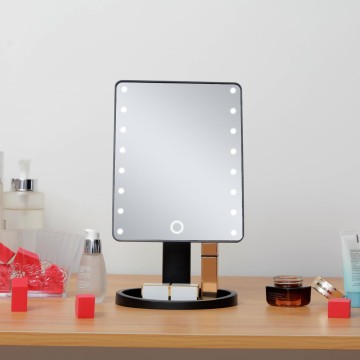 Lighted Vanity Makeup Mirror with 22 Led Lights 180 Degree Free Rotation Lighted Mirror Touch Screen Adjusted Brightness Desk Mirror USB Dual Supply Bathroom Beauty Cosmetic Mirror(Black)