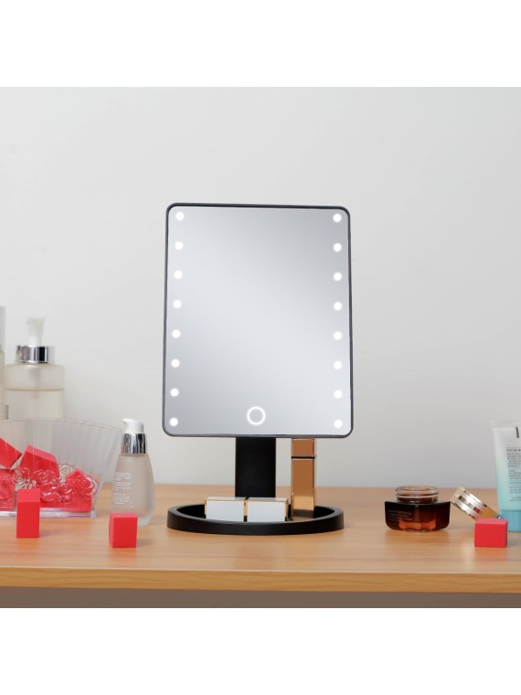 Lighted Vanity Makeup Mirror with 22 Led Lights 180 Degree Free Rotation Lighted Mirror Touch Screen Adjusted Brightness Desk Mirror USB Dual Supply Bathroom Beauty Cosmetic Mirror(Black)