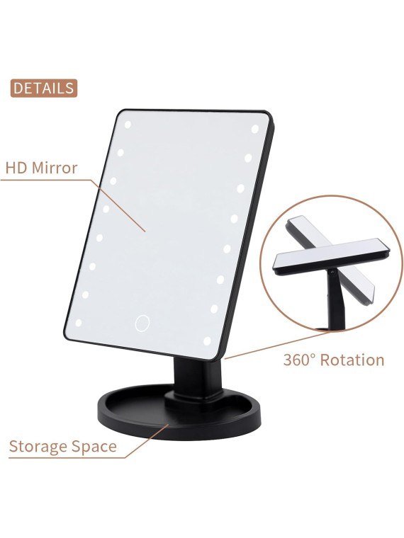 Lighted Vanity Makeup Mirror with 22 Led Lights 180 Degree Free Rotation Lighted Mirror Touch Screen Adjusted Brightness Desk Mirror USB Dual Supply Bathroom Beauty Cosmetic Mirror(Black)