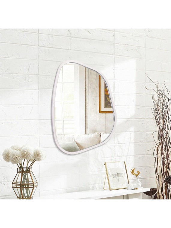 Irregular Wall Mirror Asymmetrical White Mirror Modern Wood Frame Unique Shape Wall Mounted Vanity Artistic Mirror Decor for Living Room Bedroom Bathroom Entryway Hallway Large 16"x12"