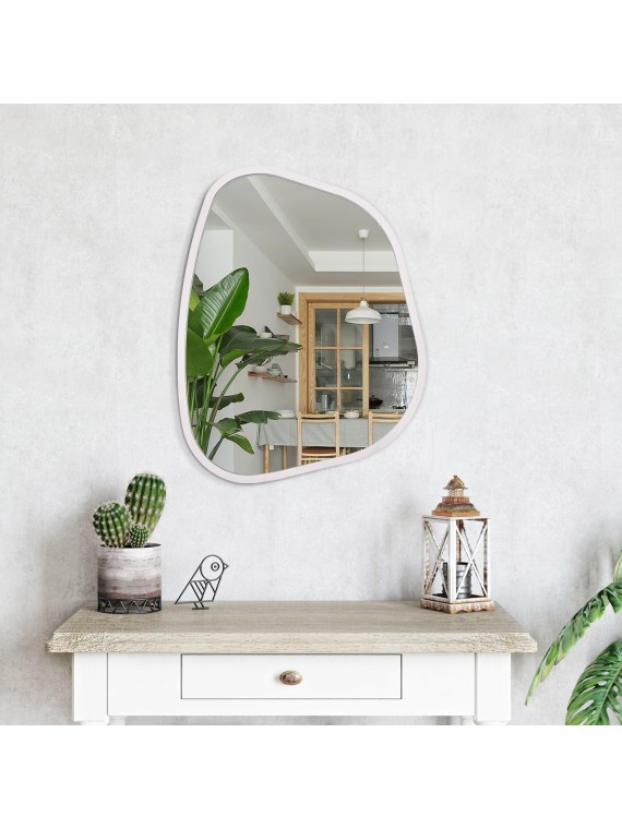 Irregular Wall Mirror Asymmetrical White Mirror Modern Wood Frame Unique Shape Wall Mounted Vanity Artistic Mirror Decor for Living Room Bedroom Bathroom Entryway Hallway Large 16"x12"