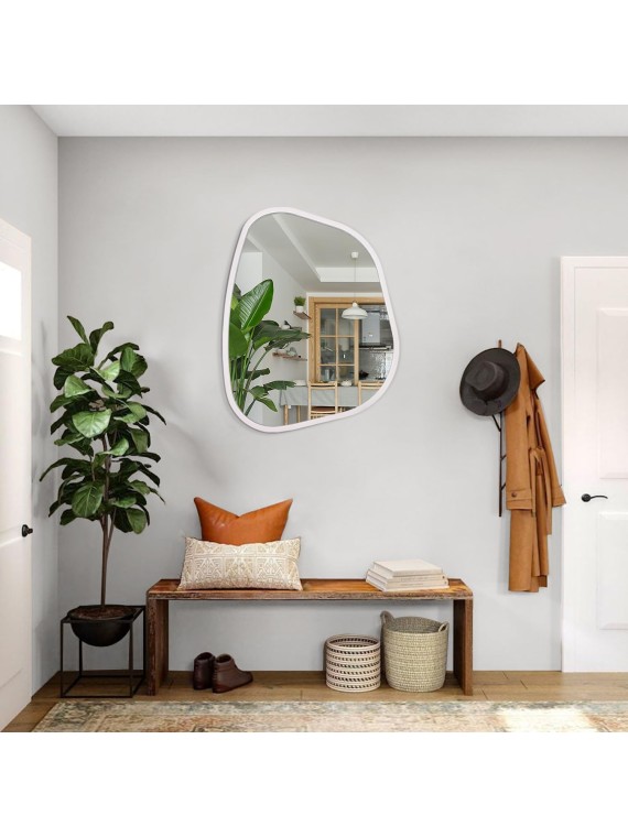 Irregular Wall Mirror Asymmetrical White Mirror Modern Wood Frame Unique Shape Wall Mounted Vanity Artistic Mirror Decor for Living Room Bedroom Bathroom Entryway Hallway Large 16"x12"