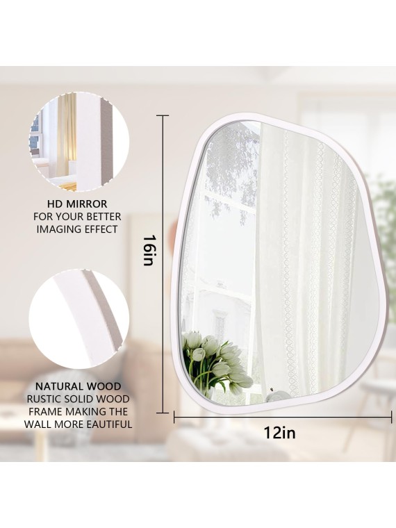 Irregular Wall Mirror Asymmetrical White Mirror Modern Wood Frame Unique Shape Wall Mounted Vanity Artistic Mirror Decor for Living Room Bedroom Bathroom Entryway Hallway Large 16"x12"