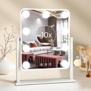 Hollywood Vanity Mirror with Lights,Tabletop Makeup Mirror with 9 LED Lights Smart Touch Control 3 Colors Light 360°Rotation Detachable 10X Magnification