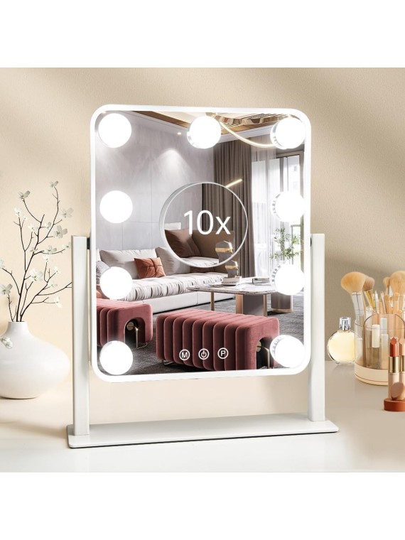 Hollywood Vanity Mirror with Lights,Tabletop Makeup Mirror with 9 LED Lights Smart Touch Control 3 Colors Light 360°Rotation Detachable 10X Magnification