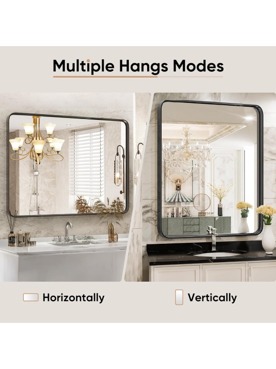 Black Metal Framed Vanity Rounded Rectangle Bathroom Mirrors for Over Sink Wall, 30x22 Inch Matte Large Mirror, Modern Decorative for Restroom, Farmhouse, Horizontally or Vertically Hanging