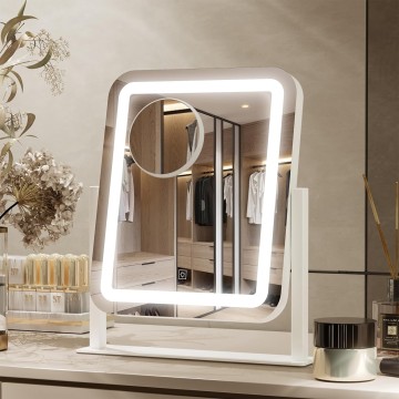 Vanity Mirror with Lights, 16x14 inch LED Lighted Makeup Mirror, Large Makeup Mirror with Lights, Touch Screen, 3-Color Lighting, 5X Magnification, for Vanity Desk Tabletop, Bedroom, White