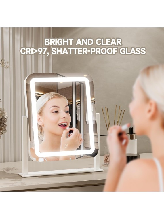 Vanity Mirror with Lights, 16x14 inch LED Lighted Makeup Mirror, Large Makeup Mirror with Lights, Touch Screen, 3-Color Lighting, 5X Magnification, for Vanity Desk Tabletop, Bedroom, White