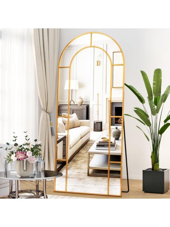 Full Length Mirror, Floor Mirror 65" x 22" Arched Window Decorative Mirror, Metal Framed Decor Farmhouse Floor Mirror Art Pane Mirror Wall Decor for Bedroom, Living Room, Entryway, Bronze