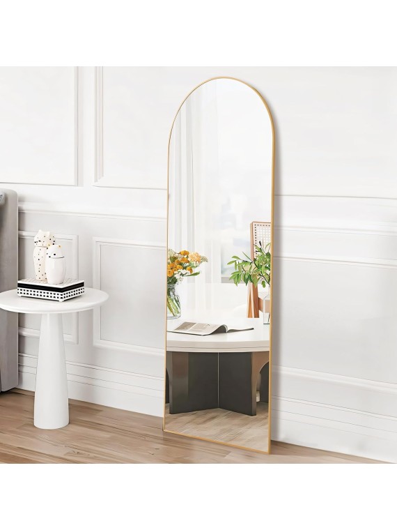 Arched Full Length Mirror with Stand, 59"x16" Floor Mirror with Aluminum Alloy Frame for Bedroom, Standing Full Body Mirror with Shatter-Proof Glass for Wall, Living Room (Gold)