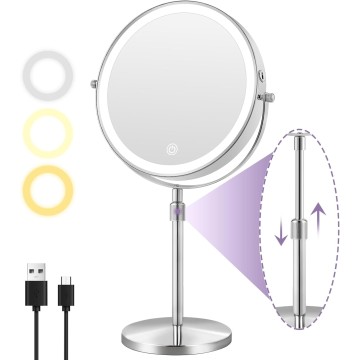 Large Lighted Makeup Mirror, 1x/10x Magnifying Mirror with Light, 3000mAh Rechargeable Makeup Mirror with 3 Color Lights, Height Adjustable 360° Swivel Vanity Mirror, Chrome