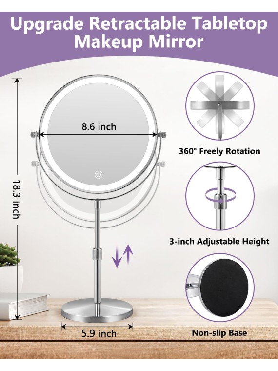 Large Lighted Makeup Mirror, 1x/10x Magnifying Mirror with Light, 3000mAh Rechargeable Makeup Mirror with 3 Color Lights, Height Adjustable 360° Swivel Vanity Mirror, Chrome