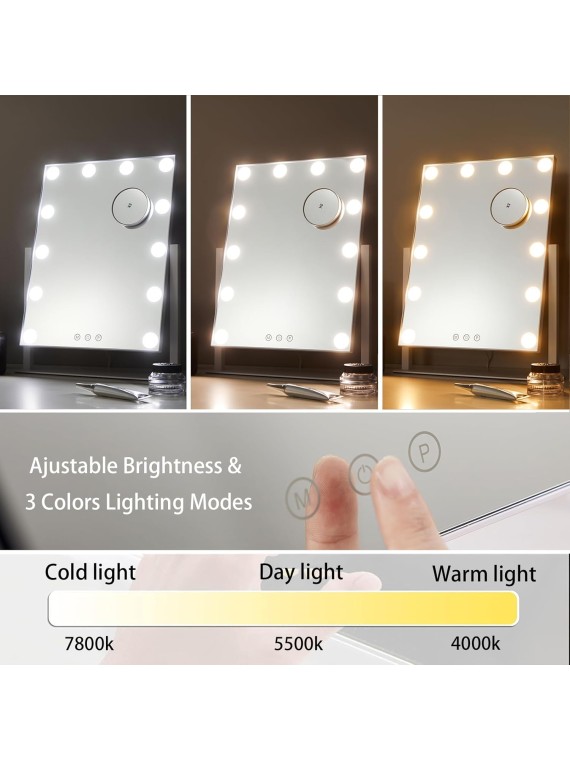 Vanity Mirror with Lights, Hollywood Lighted Makeup Mirror with 12 LED Lights, Three Color Lighting Modes, and 5X Magnification Mirror, Smart Touch Control, 360°Rotation (White)