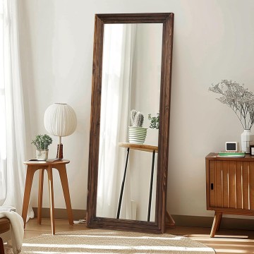 Full Length Mirror 65"x22" with Stand Solid Wood Frame Floor Large Mirror for Living Room, Bedroom Hanging Standing or Leaning Wall-Mounted, Brown