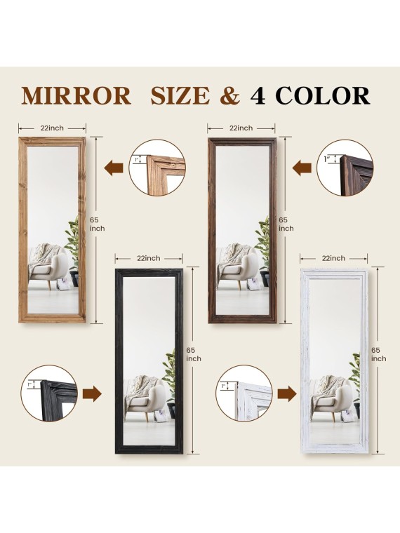 Full Length Mirror 65"x22" with Stand Solid Wood Frame Floor Large Mirror for Living Room, Bedroom Hanging Standing or Leaning Wall-Mounted, Brown