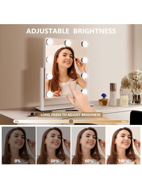 Hollywood Vanity Makeup Mirror with Lights - 9 LED Bulbs, Touch Control, 3 Colors Light, 360° Rotation, Light Up Vanity Mirror for Dressing Room & Bedroom