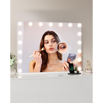 32" x 24" Vanity Mirror with Lights, Hollywood Lighted Vanity Mirror with 17 Led Bulbs, Makeup Mirror, 3 Colors Modes, 3x Detachable Magnification Mirror, Touch Control, USB Charging Port for Tabletop