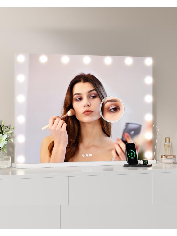 32" x 24" Vanity Mirror with Lights, Hollywood Lighted Vanity Mirror with 17 Led Bulbs, Makeup Mirror, 3 Colors Modes, 3x Detachable Magnification Mirror, Touch Control, USB Charging Port for Tabletop