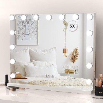 Vanity Mirror with Lights, Hollywood Lighted Mirror with 15 Dimmable LED Bulbs, Makeup Mirror with Lights, and 5X Magnification Mirror, 3 Colors Modes,Touch Control, Metal Frame,White