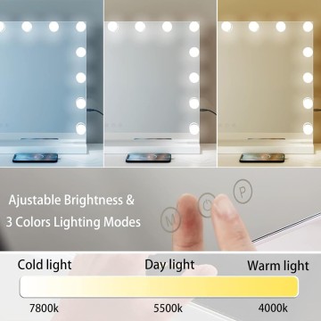 Vanity Mirror with Lights, Hollywood Lighted Mirror with 15 Dimmable LED Bulbs, Makeup Mirror with Lights, and 5X Magnification Mirror, 3 Colors Modes,Touch Control, Metal Frame,White