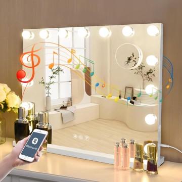 Hollywood Vanity Mirror with Lights and Bluetooth Speaker,3 Color Dimmable Lighted Makeup Mirror with 15 Led Bulbs & 10x Magnification Large Music Mirror with Smart Touch Control for Wall & Desk