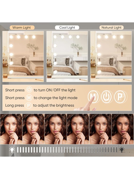 Hollywood Vanity Mirror with Lights and Bluetooth Speaker,3 Color Dimmable Lighted Makeup Mirror with 15 Led Bulbs & 10x Magnification Large Music Mirror with Smart Touch Control for Wall & Desk